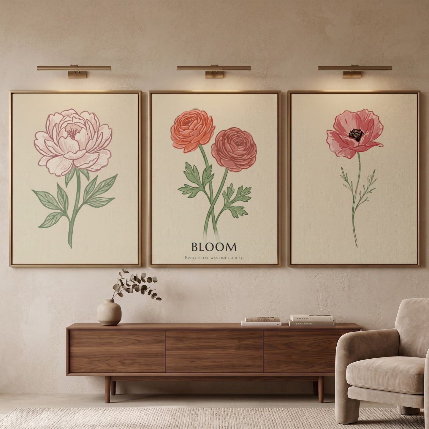 Poster set featuring three vintage style botanical flower illustrations on a cream background.