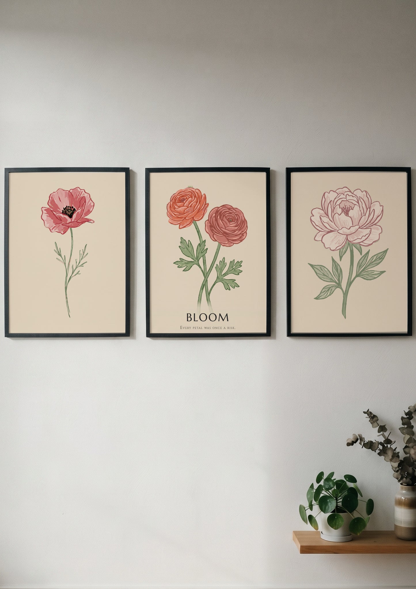 Poster set featuring three vintage style botanical flower illustrations on a cream background.