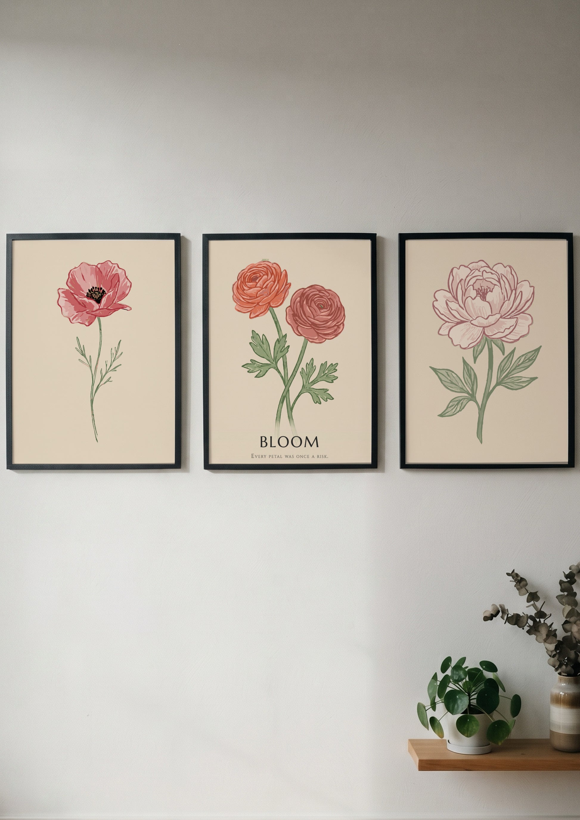 Poster set featuring three vintage style botanical flower illustrations on a cream background.