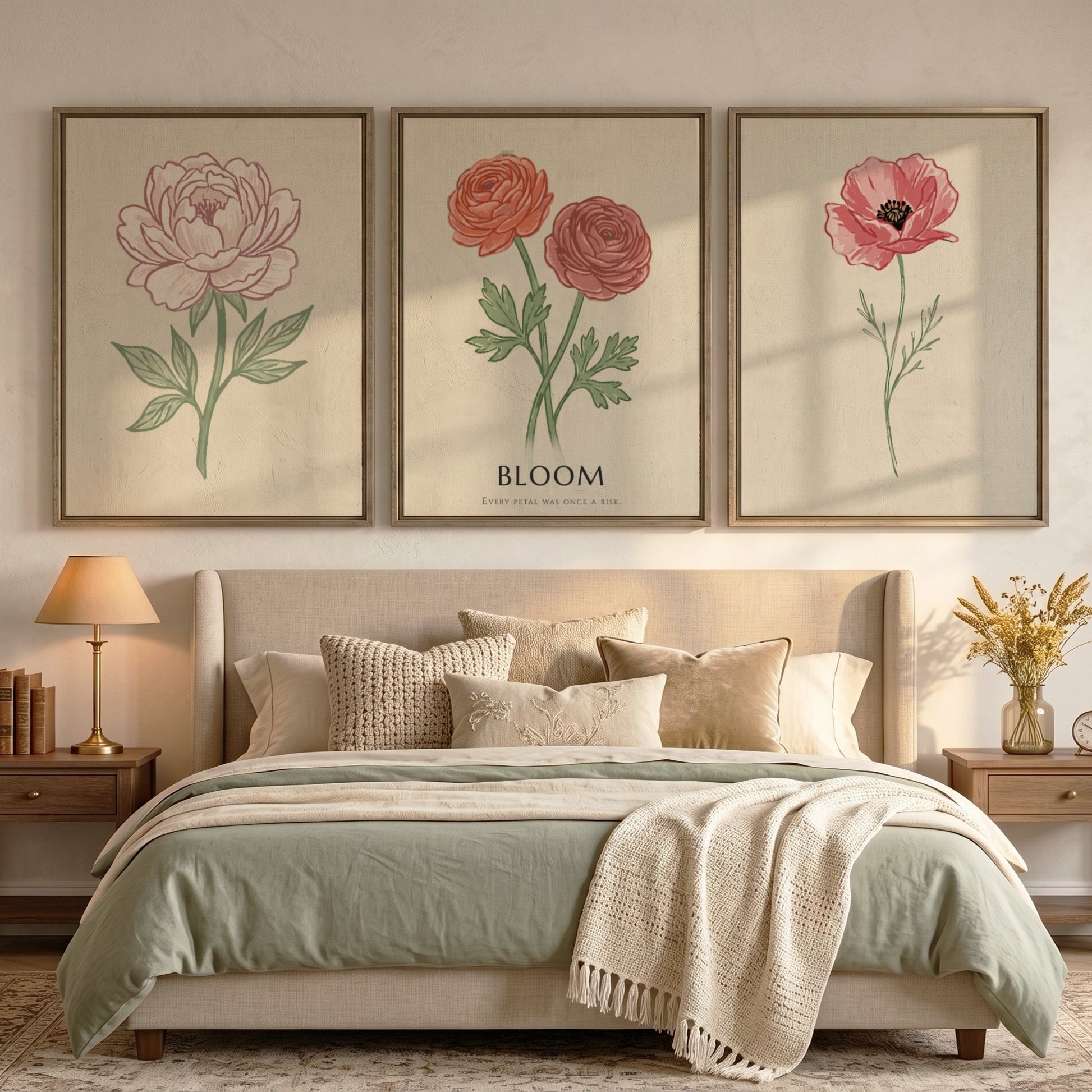 Poster set featuring three vintage style botanical flower illustrations on a cream background.