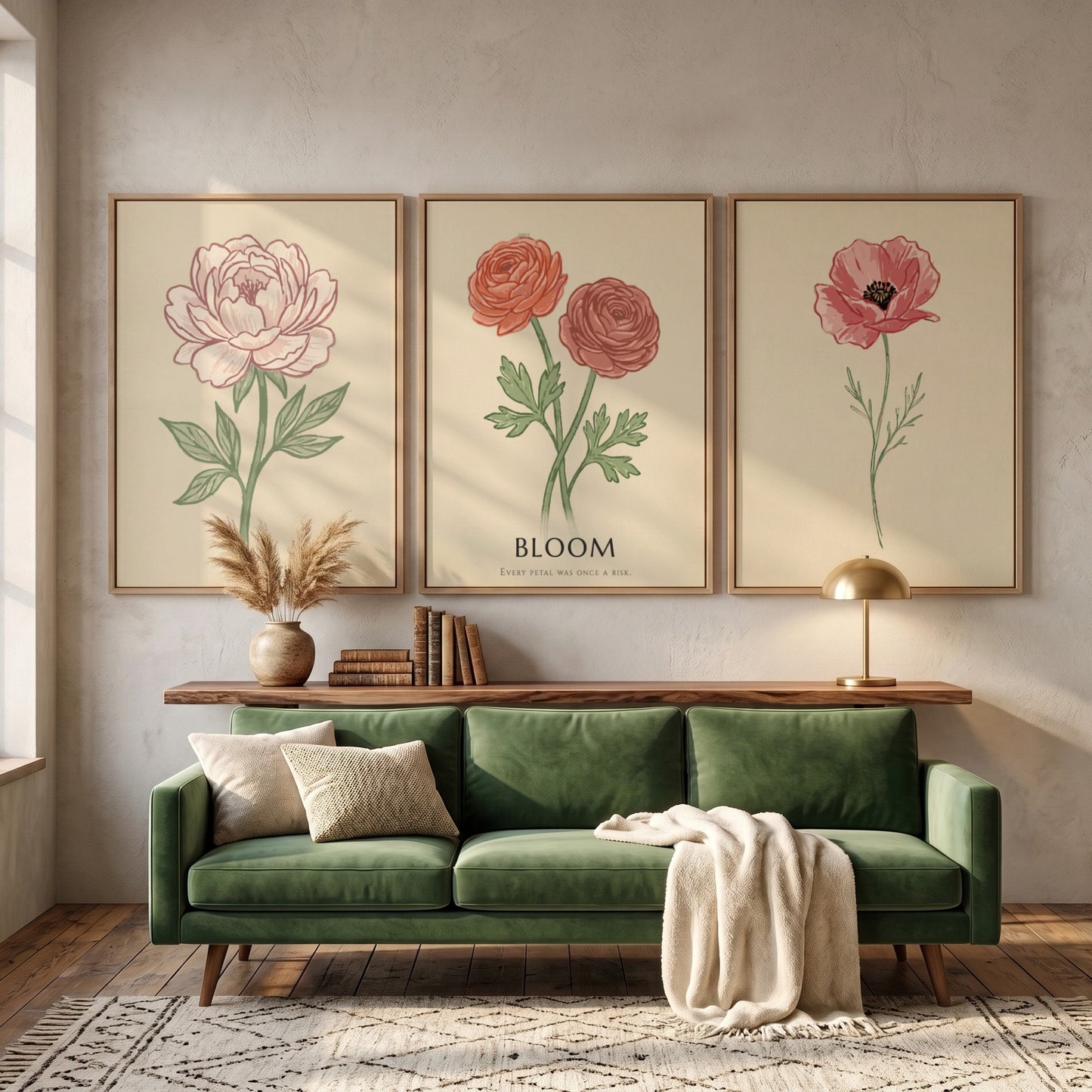 Poster set featuring three vintage style botanical flower illustrations on a cream background.