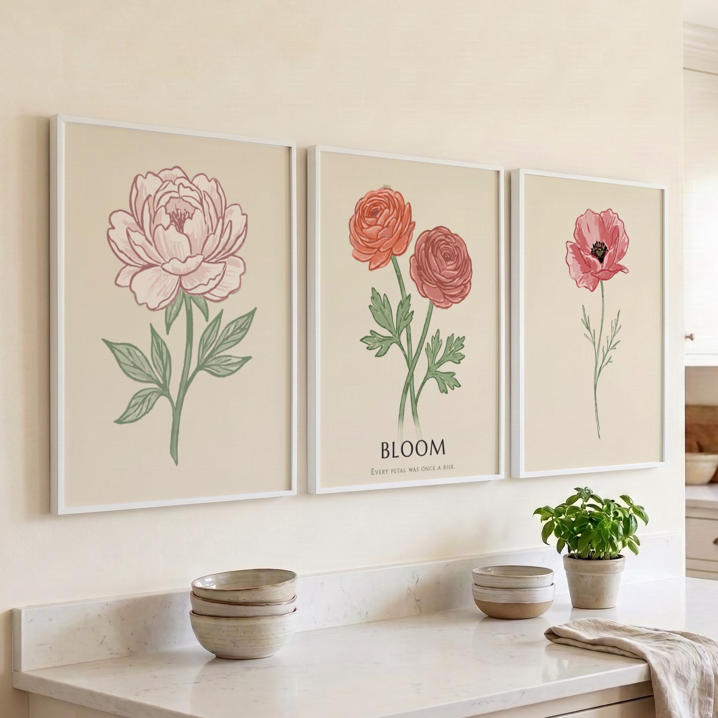 Poster set featuring three vintage style botanical flower illustrations on a cream background.