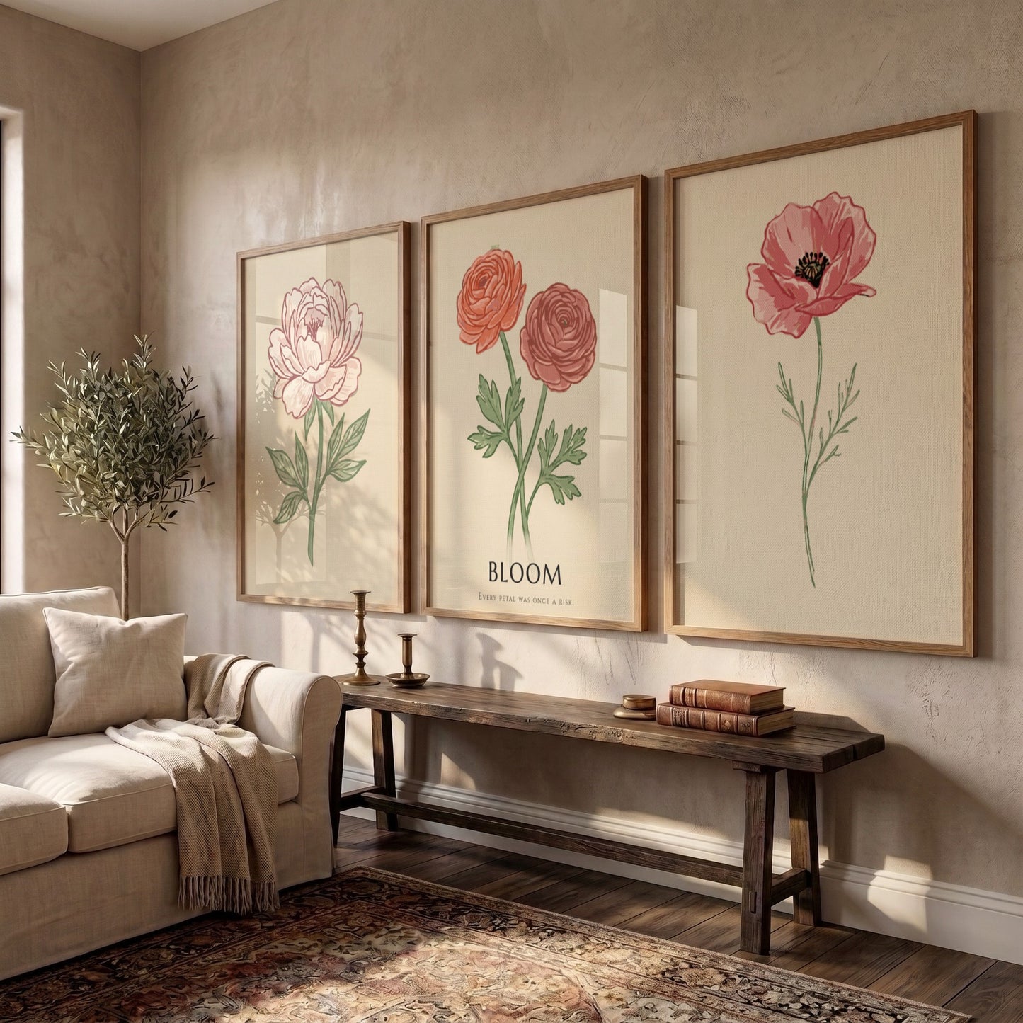 Poster set featuring three vintage style botanical flower illustrations on a cream background.