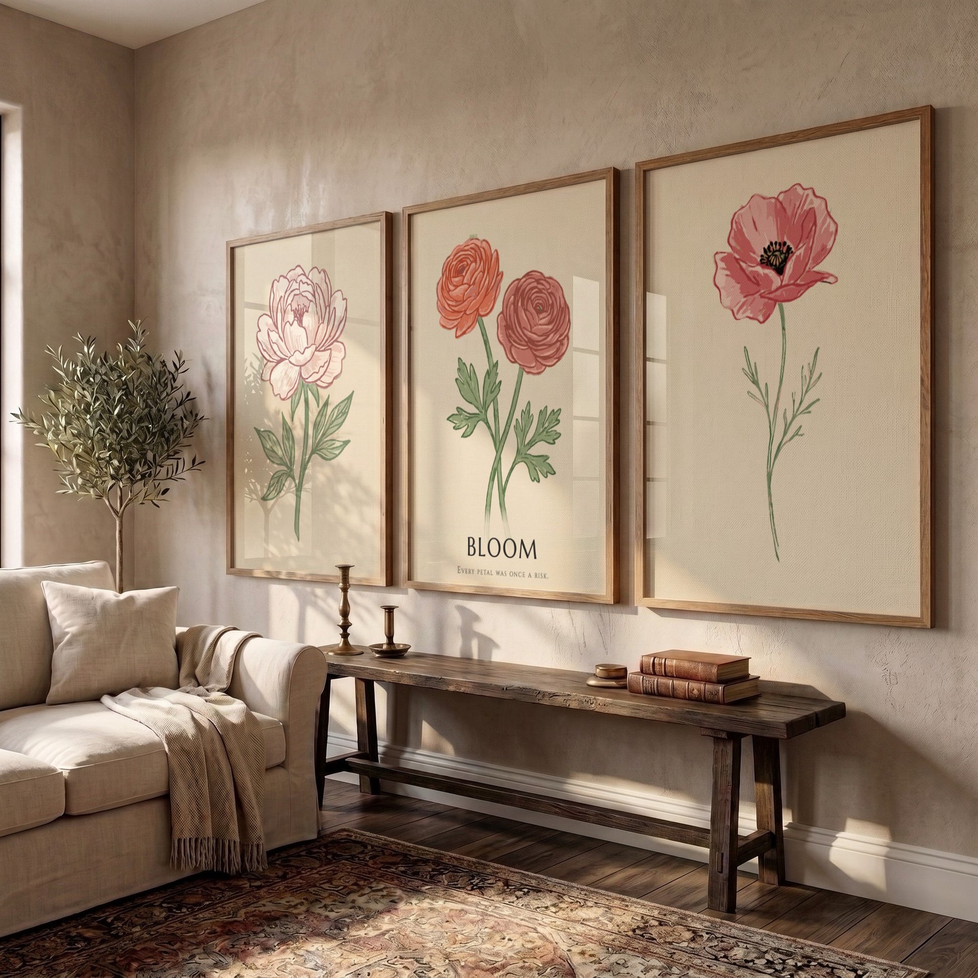 Poster set featuring three vintage style botanical flower illustrations on a cream background.