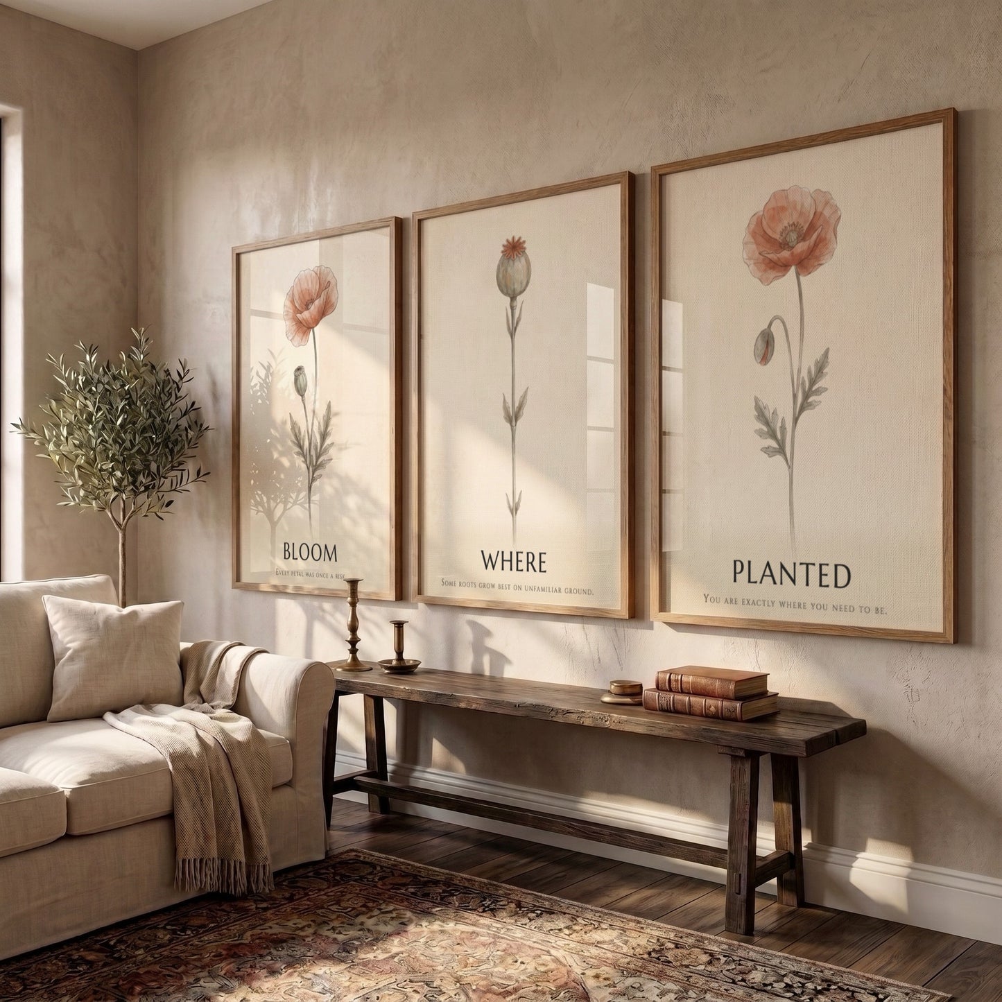 Poster triptych showing three delicate poppy flowers in a minimalist style on cream.