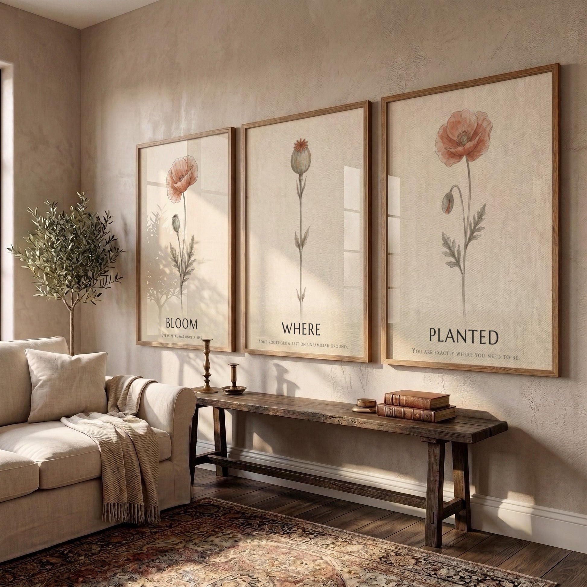 Poster triptych showing three delicate poppy flowers in a minimalist style on cream.