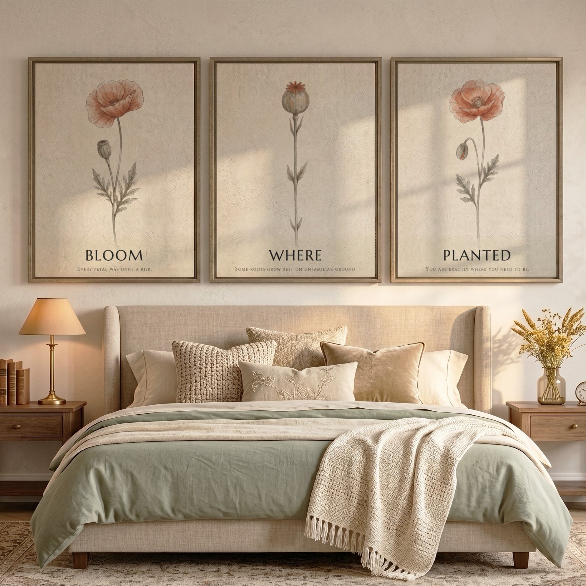 Poster triptych showing three delicate poppy flowers in a minimalist style on cream.