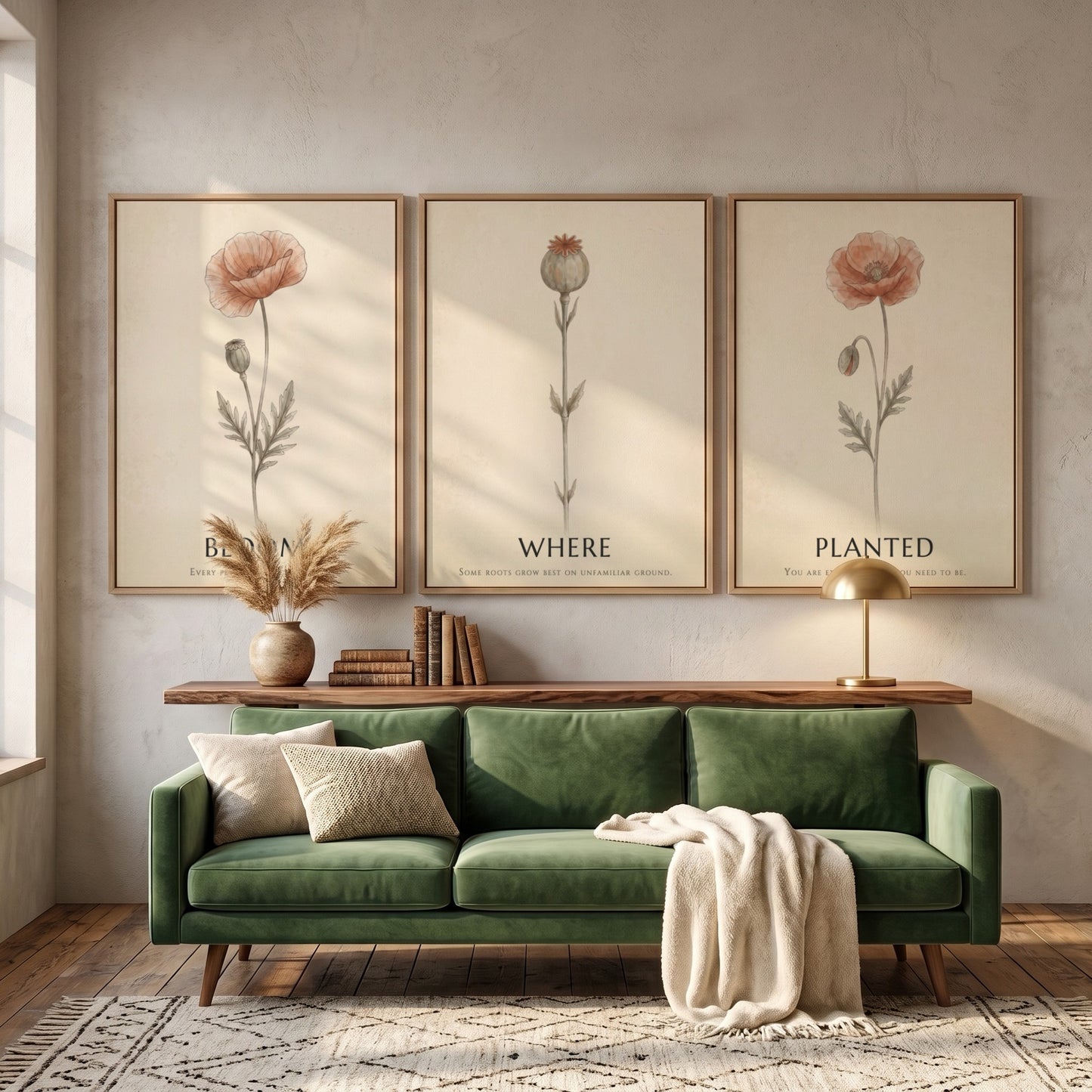 Poster triptych showing three delicate poppy flowers in a minimalist style on cream.