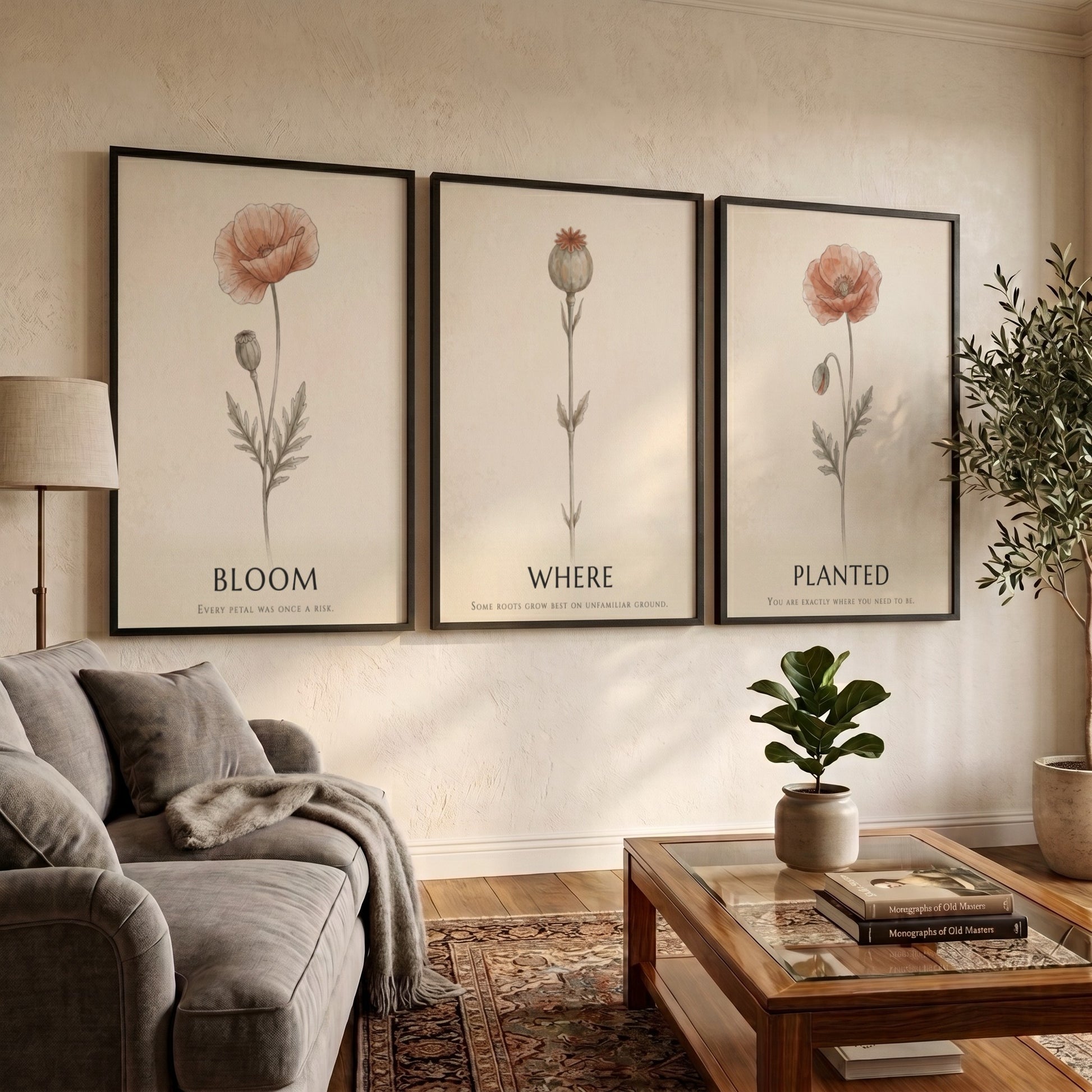 Poster triptych showing three delicate poppy flowers in a minimalist style on cream.