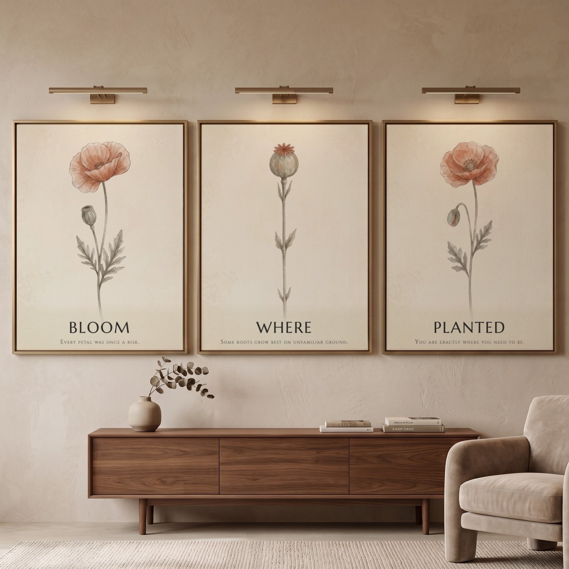 Poster triptych showing three delicate poppy flowers in a minimalist style on cream.