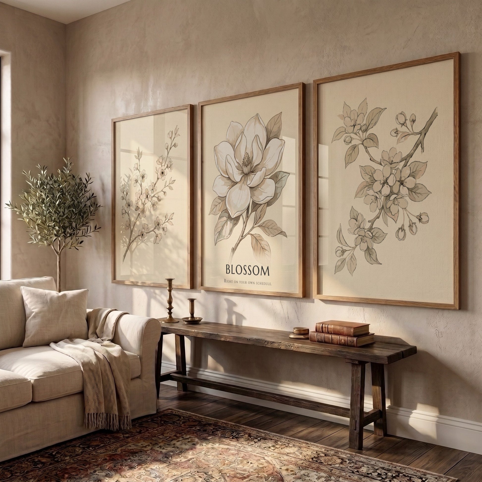 Poster set of three botanical illustrations featuring blossom branches and a magnolia flower.