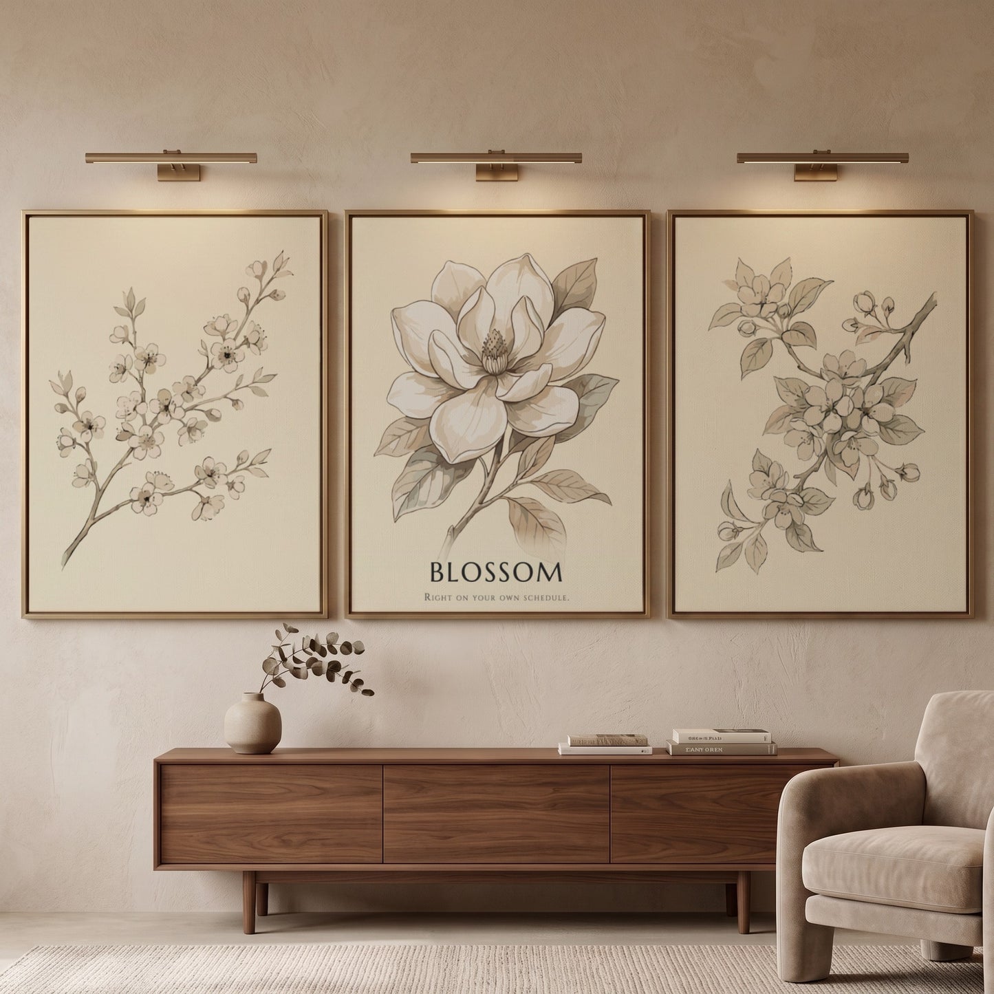 Poster set of three botanical illustrations featuring blossom branches and a magnolia flower.