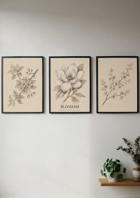 Poster set of three botanical illustrations featuring blossom branches and a magnolia flower.