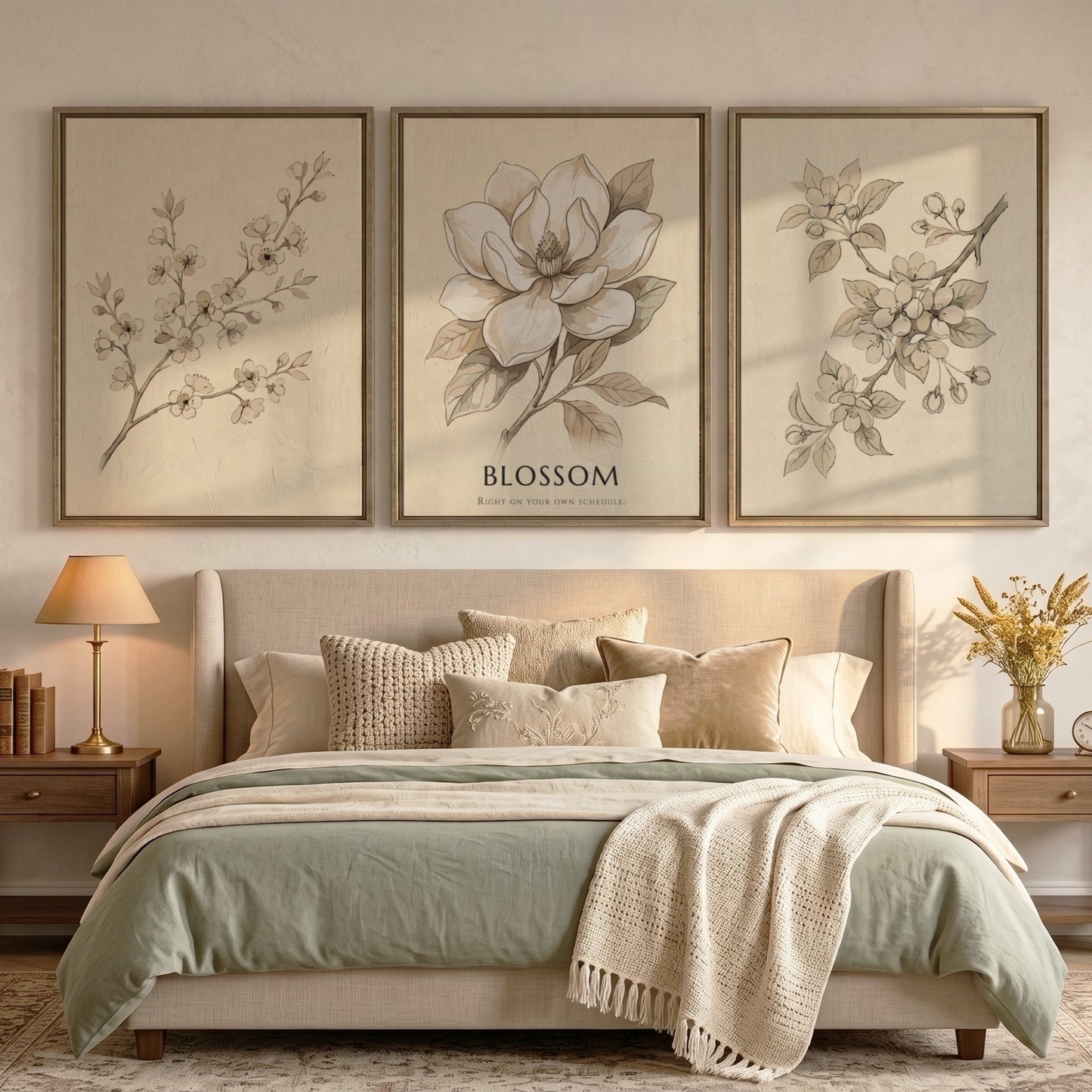 Poster set of three botanical illustrations featuring blossom branches and a magnolia flower.