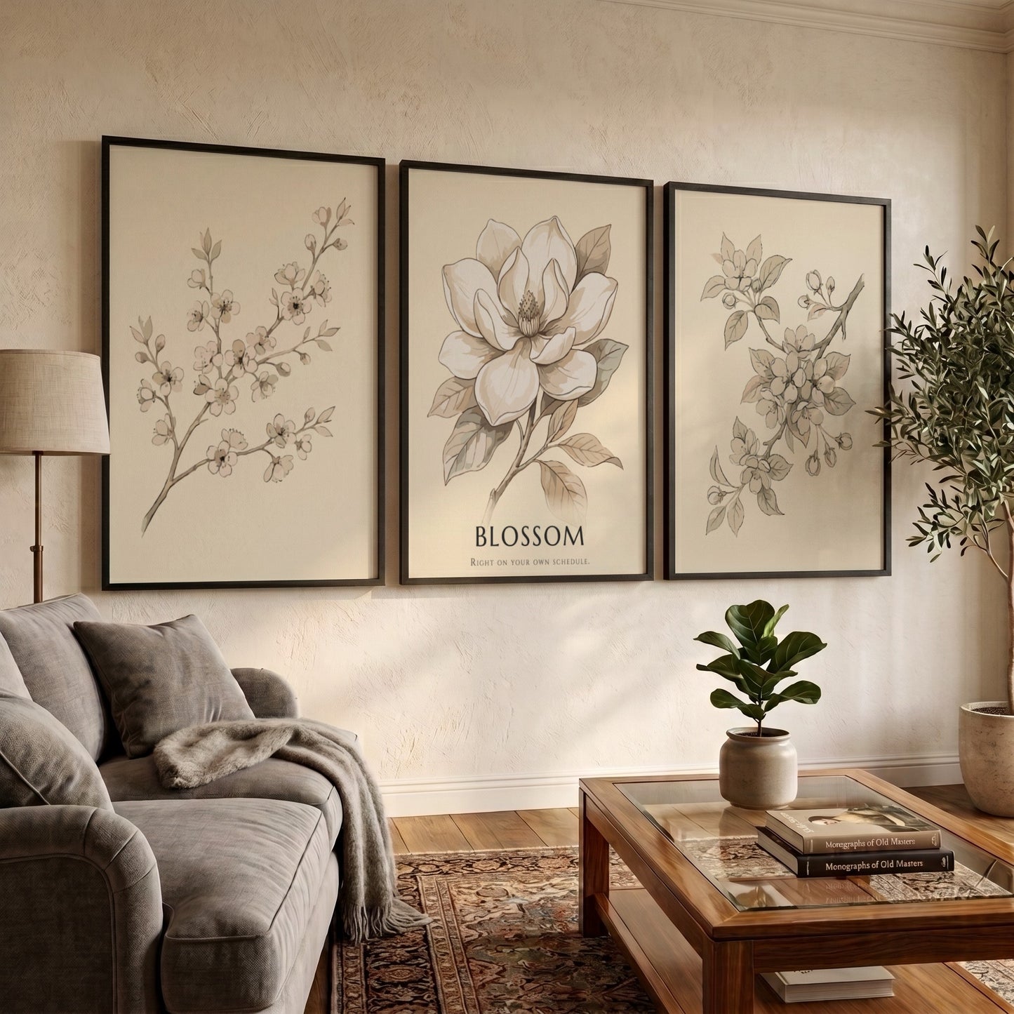 Poster set of three botanical illustrations featuring blossom branches and a magnolia flower.