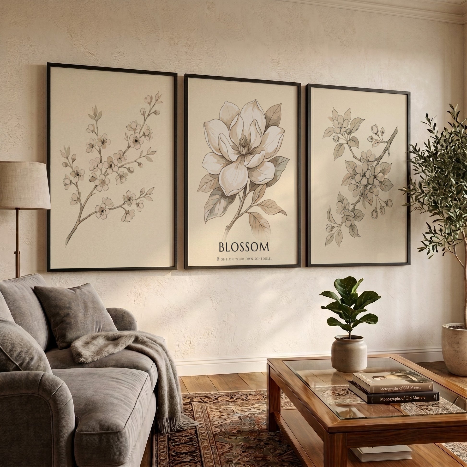 Poster set of three botanical illustrations featuring blossom branches and a magnolia flower.