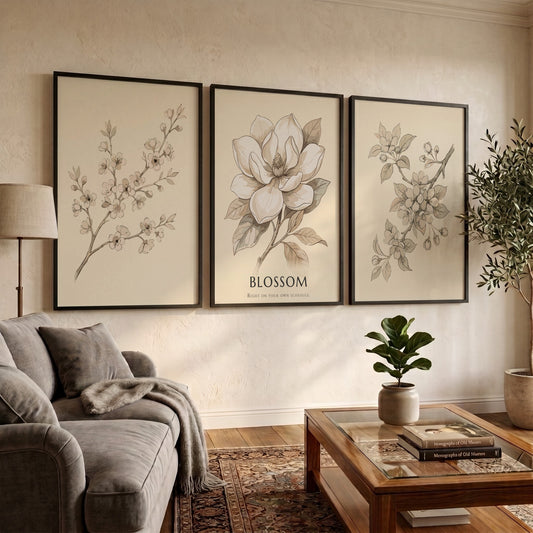 Poster set of three botanical illustrations featuring blossom branches and a magnolia flower.