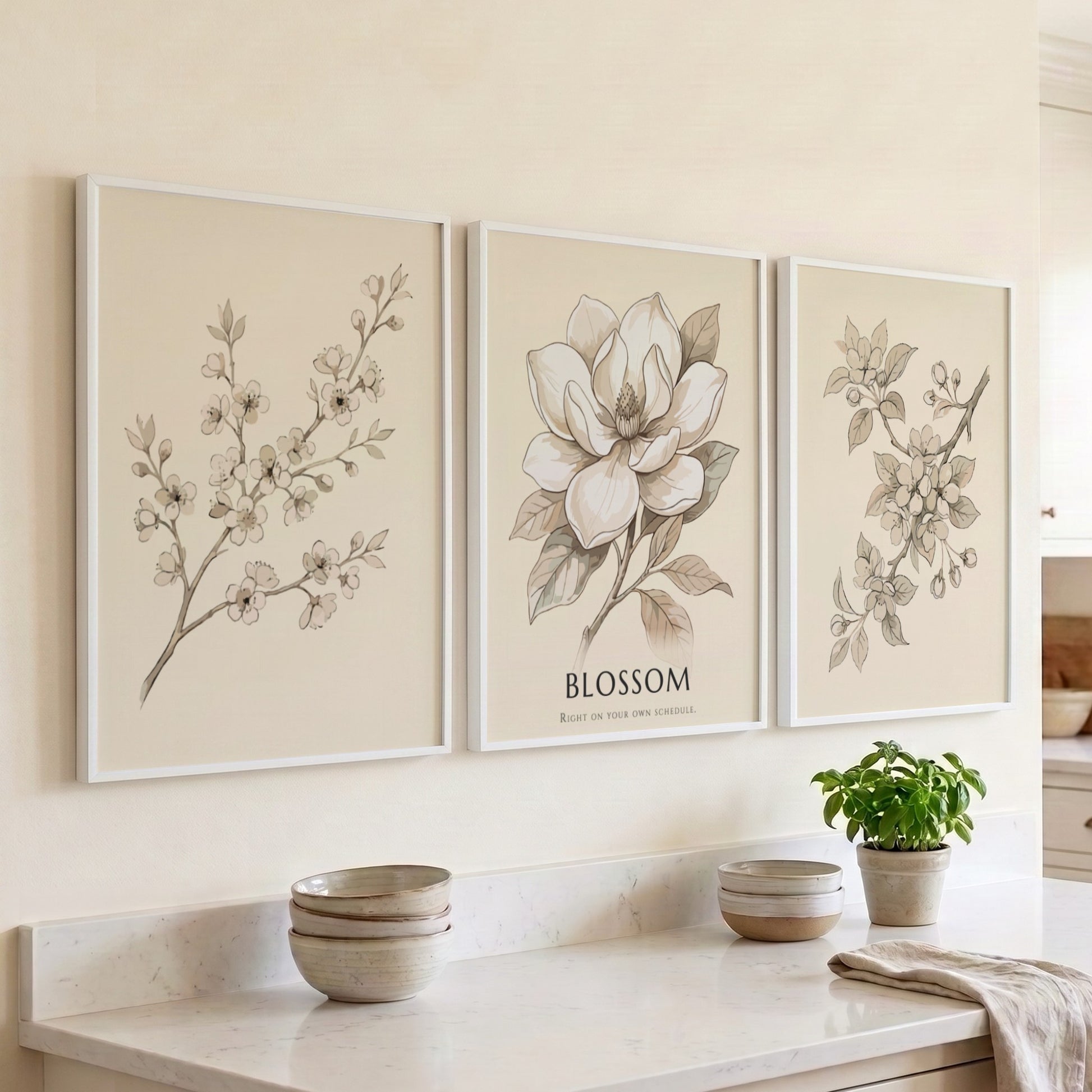 Poster set of three botanical illustrations featuring blossom branches and a magnolia flower.
