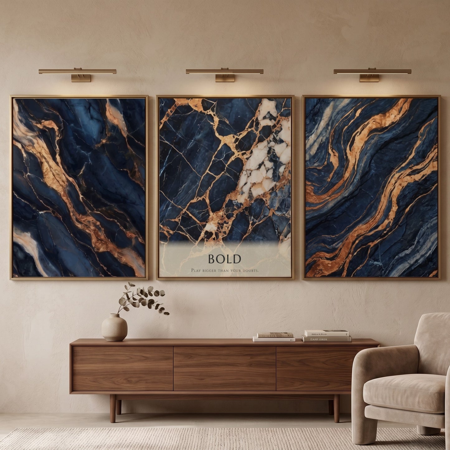 Poster triptych featuring navy blue marble patterns with swirling gold veins and bold text