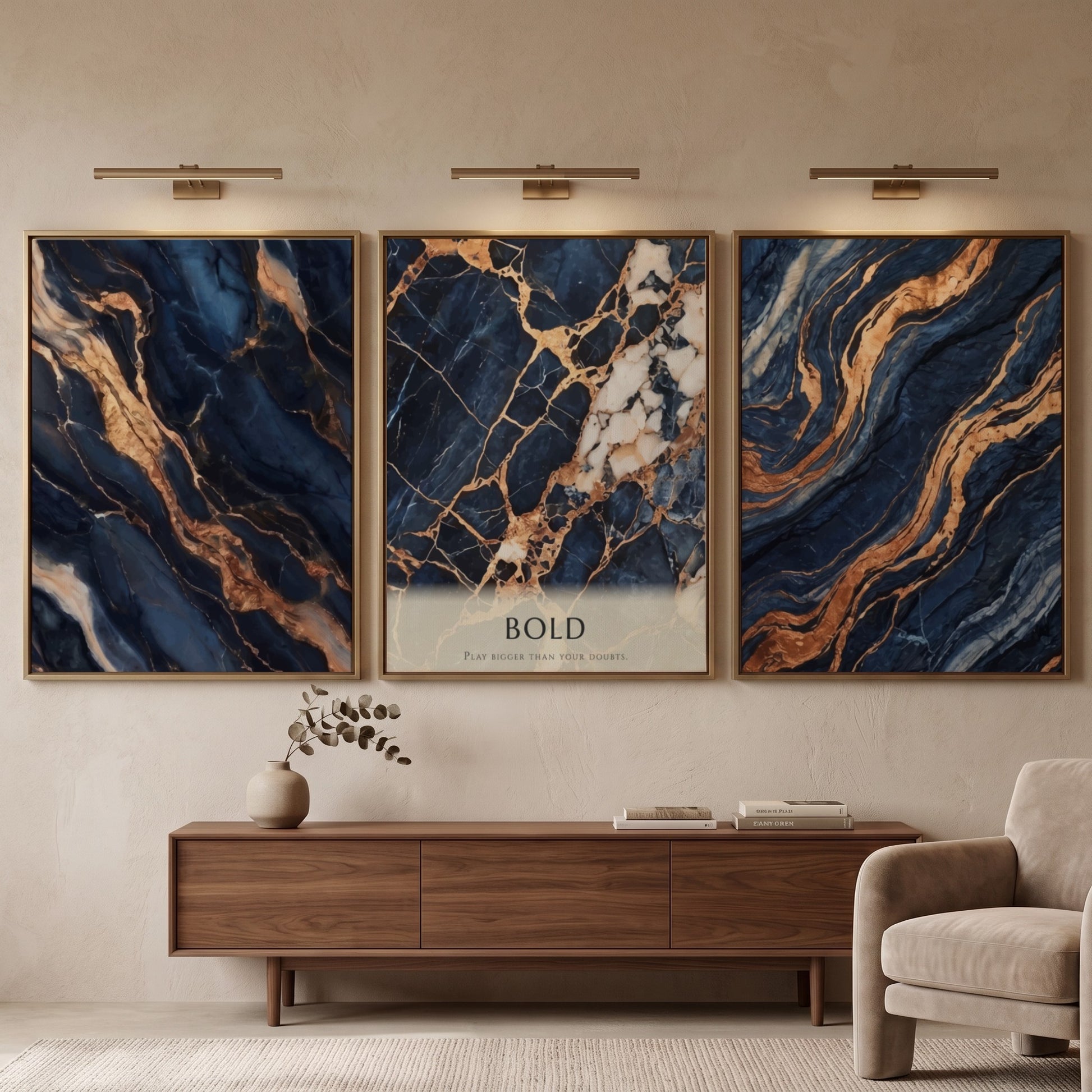Poster triptych featuring navy blue marble patterns with swirling gold veins and bold text