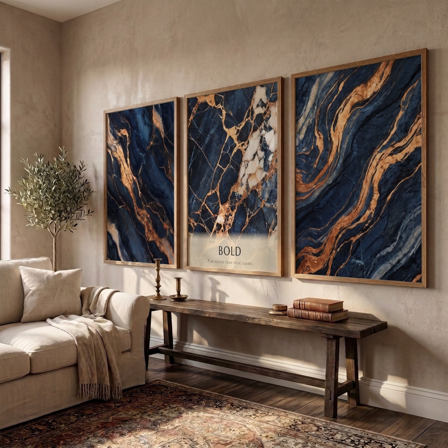 Poster triptych featuring navy blue marble patterns with swirling gold veins and bold text