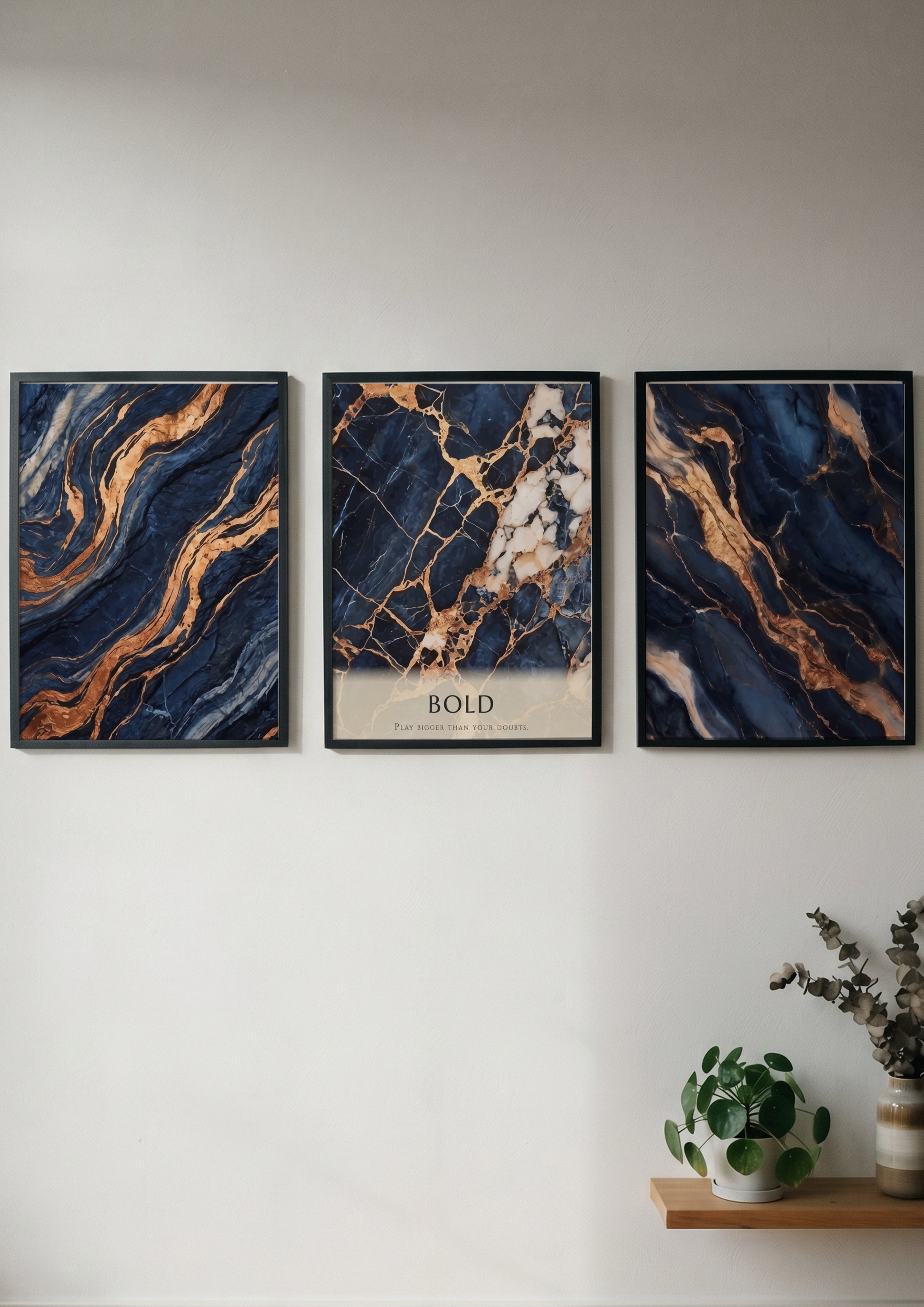 Poster triptych featuring navy blue marble patterns with swirling gold veins and bold text