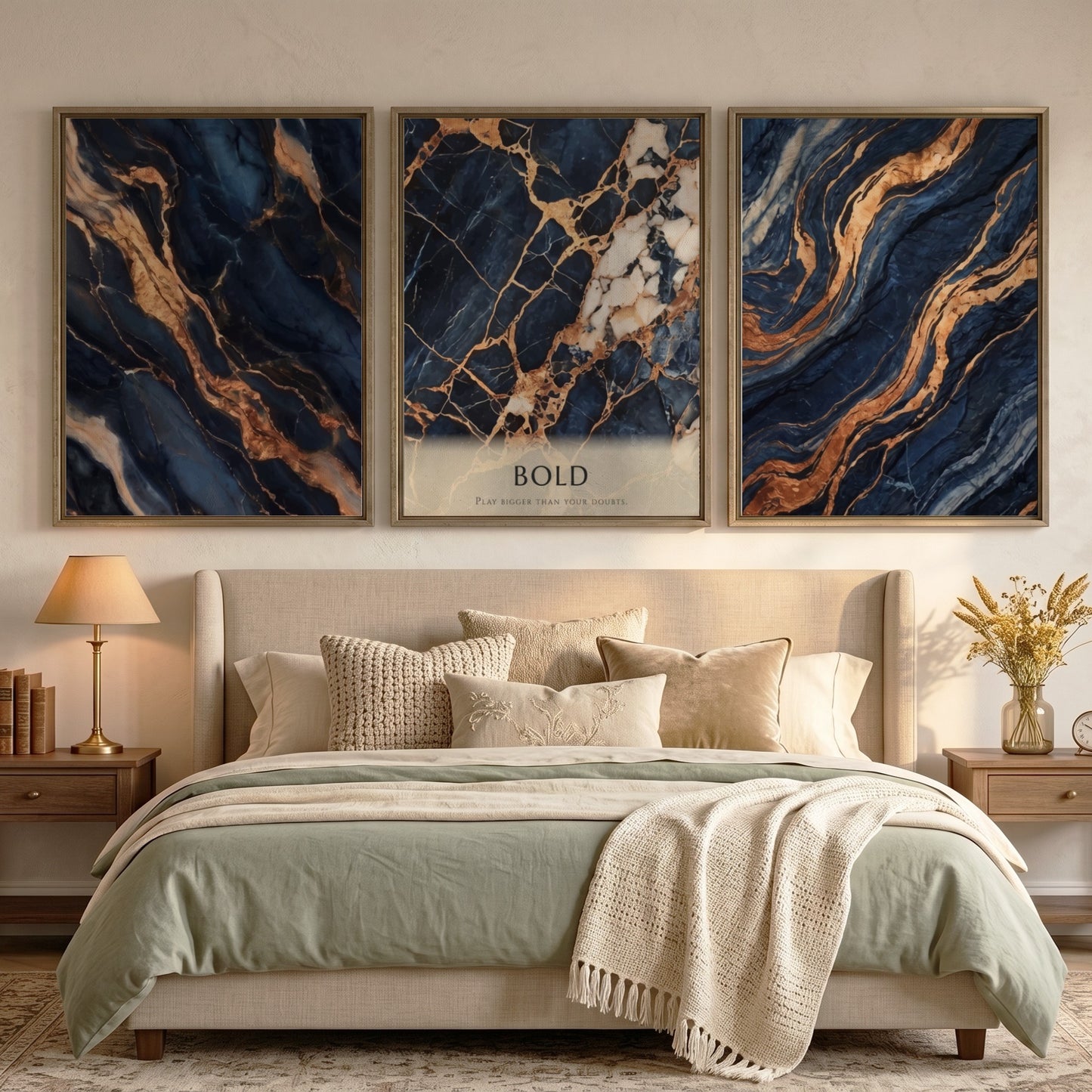 Poster triptych featuring navy blue marble patterns with swirling gold veins and bold text