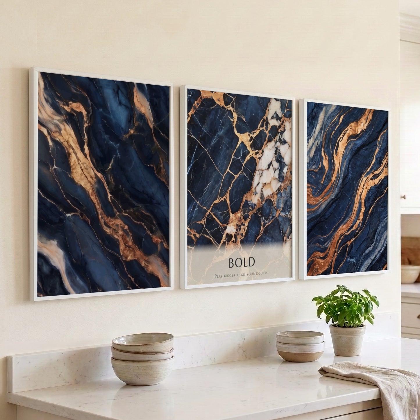 Poster triptych featuring navy blue marble patterns with swirling gold veins and bold text