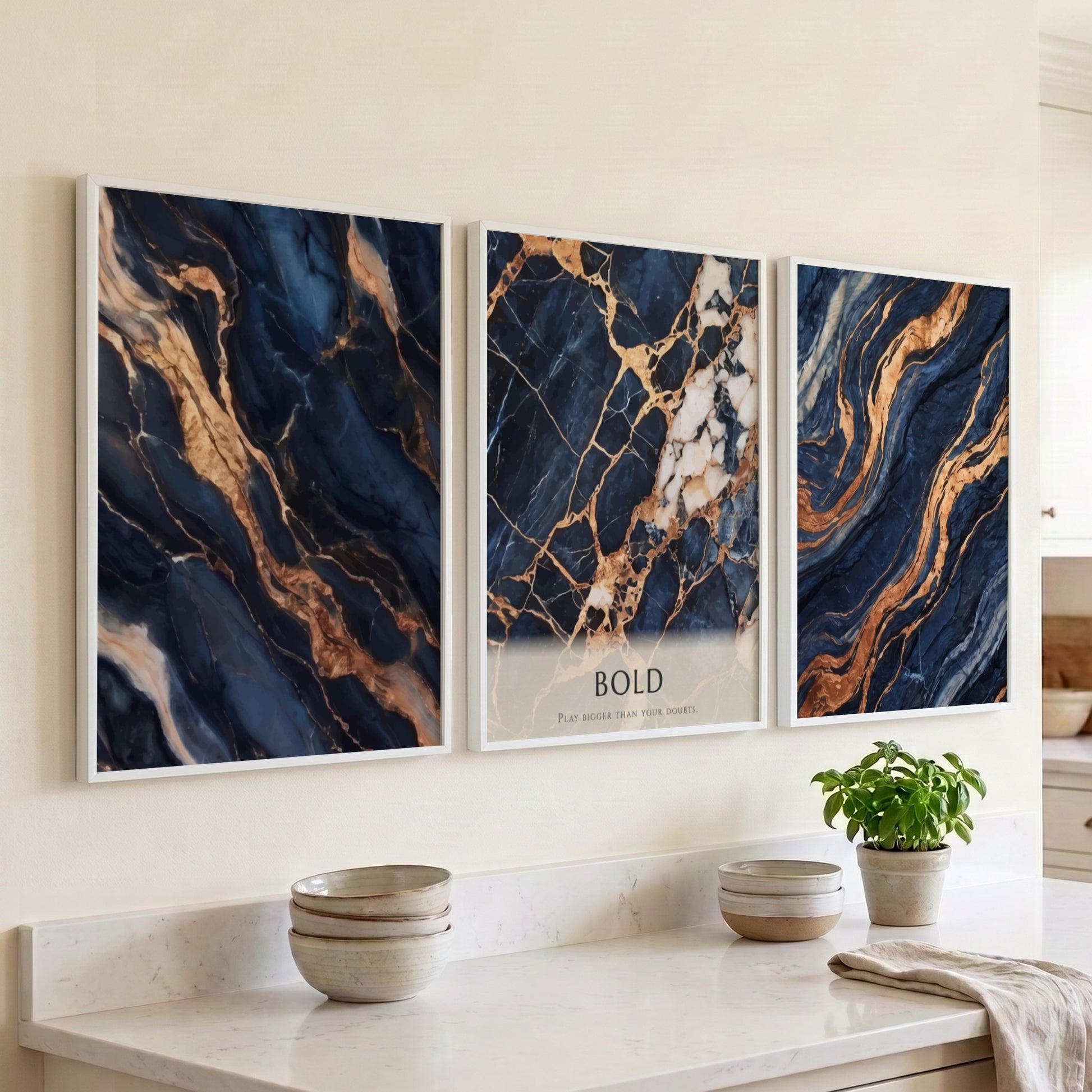 Poster triptych featuring navy blue marble patterns with swirling gold veins and bold text