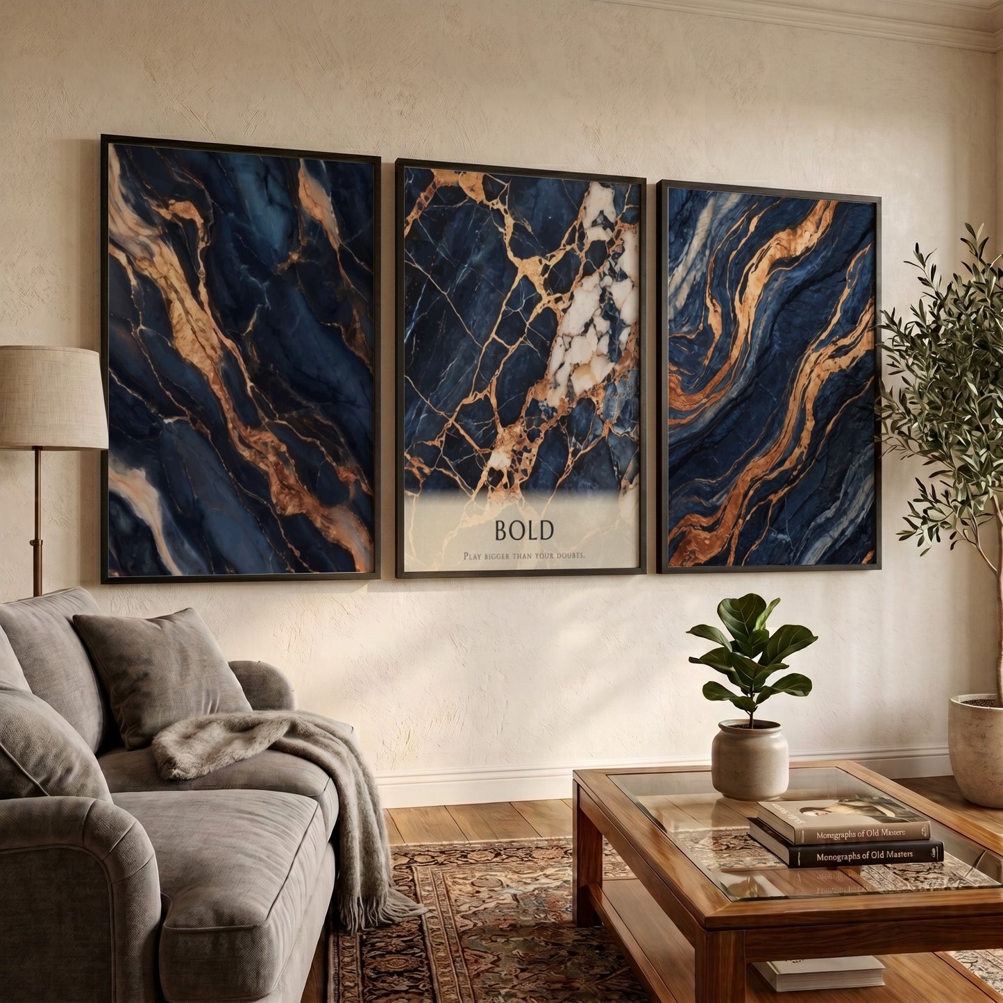 Poster triptych featuring navy blue marble patterns with swirling gold veins and bold text