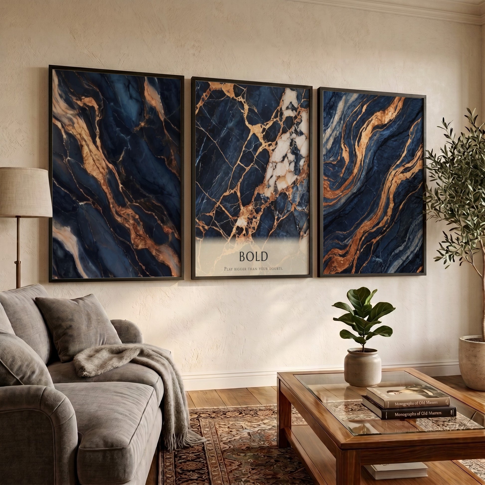 Poster triptych featuring navy blue marble patterns with swirling gold veins and bold text