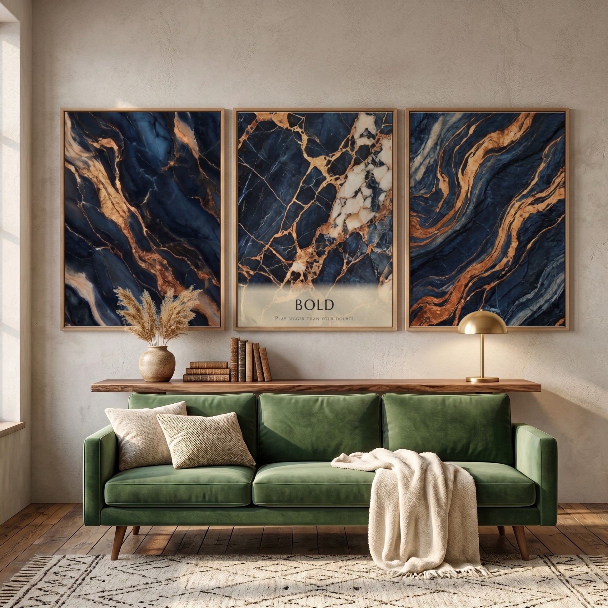 Poster triptych featuring navy blue marble patterns with swirling gold veins and bold text