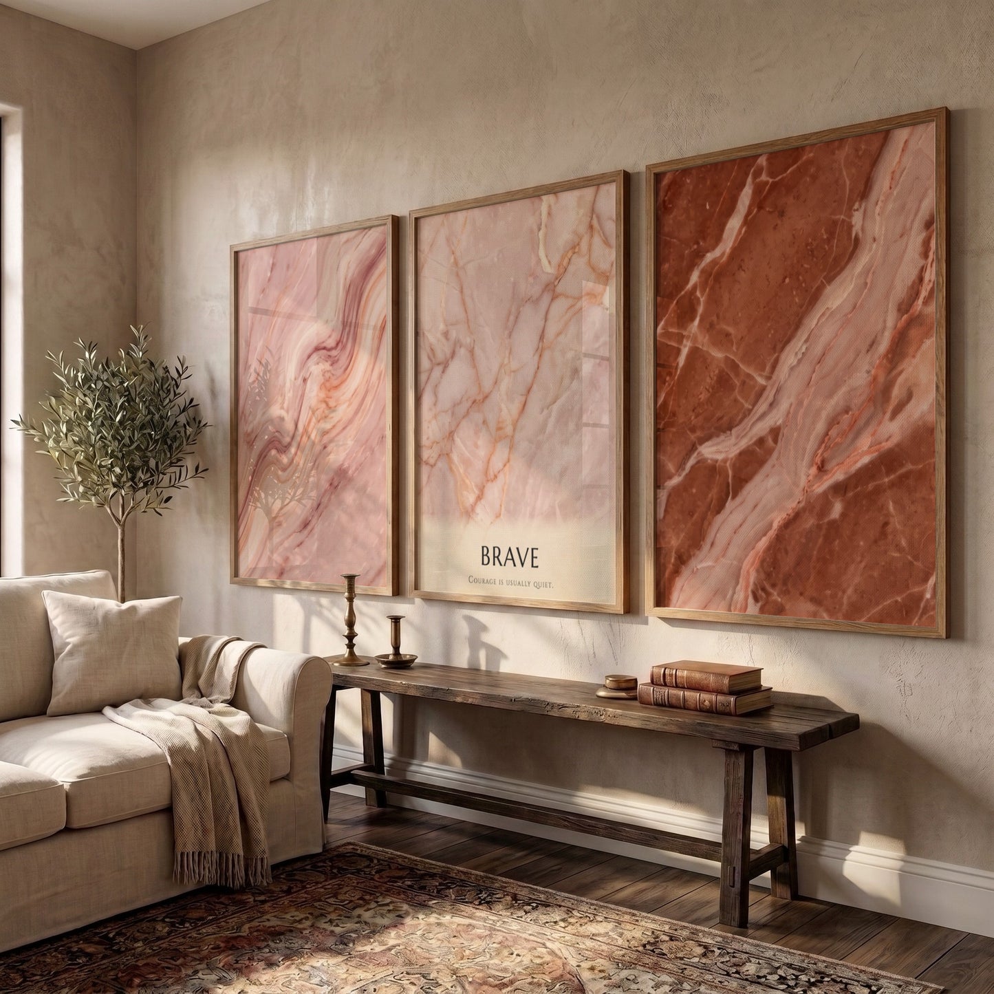 Poster triptych featuring swirling terracotta and rose marble textures with minimalist Brave typography