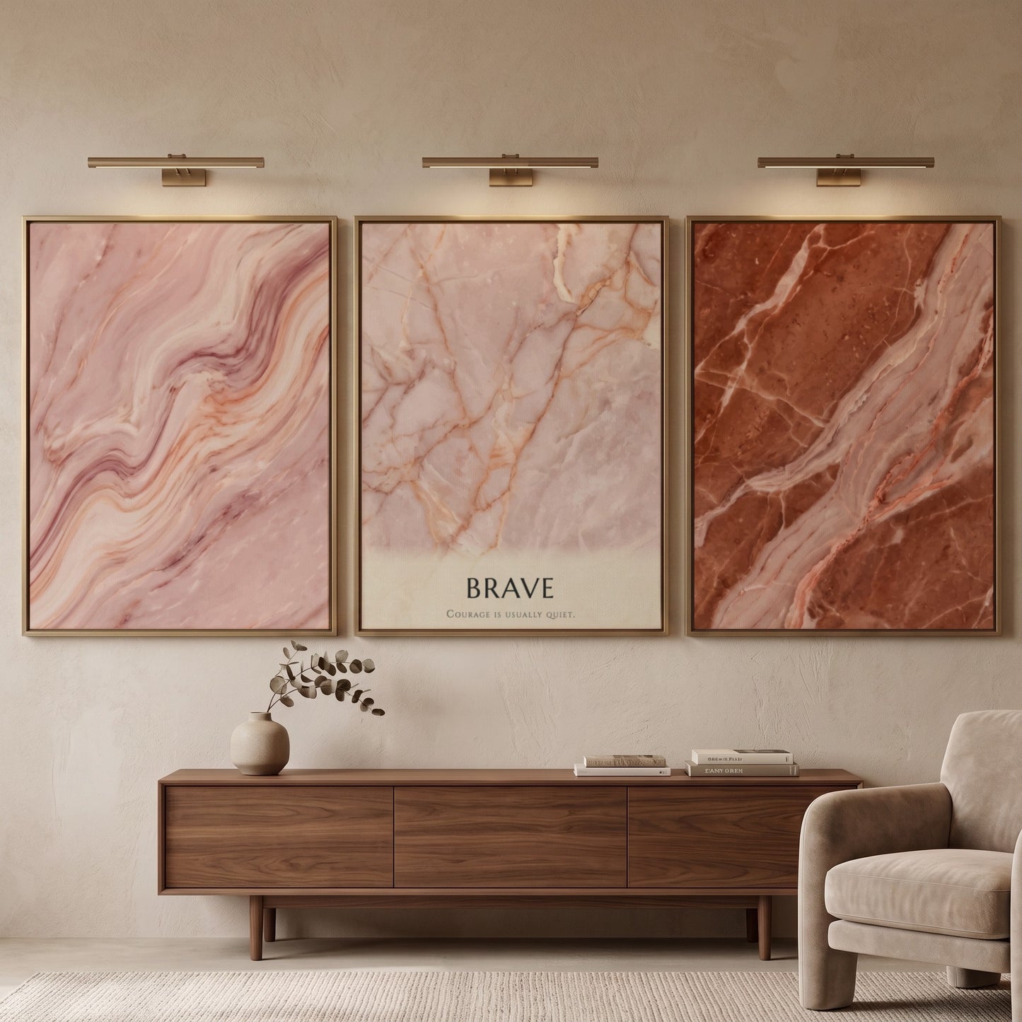 Poster triptych featuring swirling terracotta and rose marble textures with minimalist Brave typography