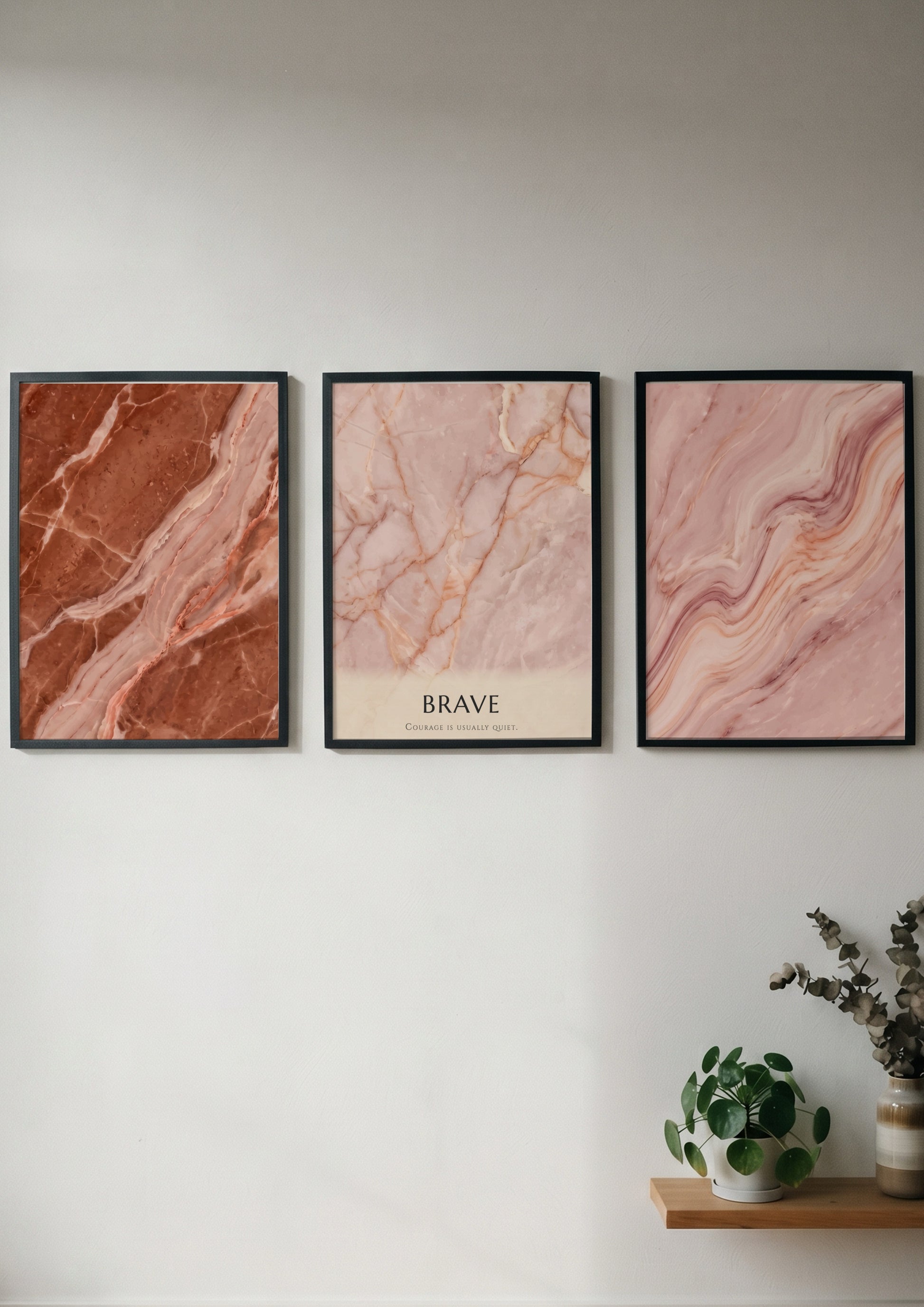 Poster triptych featuring swirling terracotta and rose marble textures with minimalist Brave typography