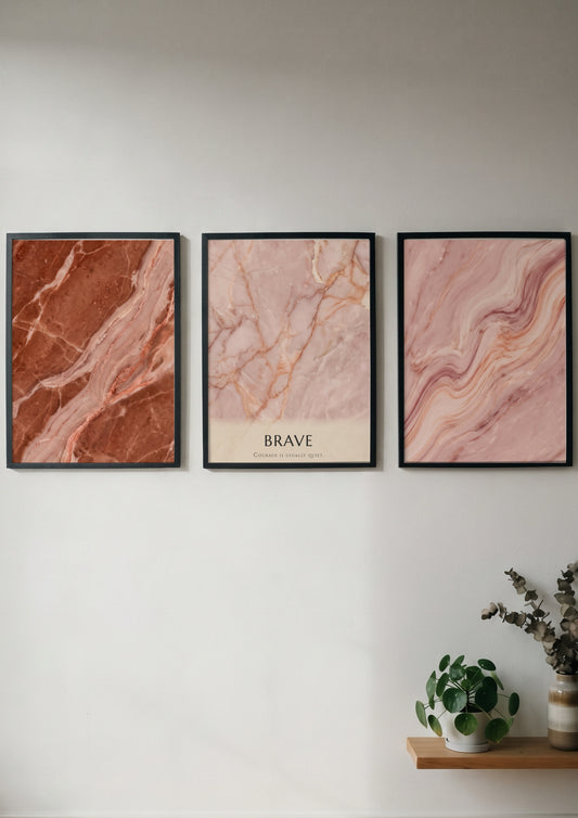 Poster triptych featuring swirling terracotta and rose marble textures with minimalist Brave typography