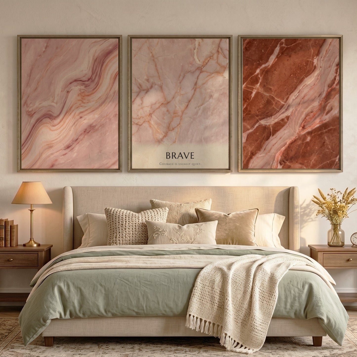 Poster triptych featuring swirling terracotta and rose marble textures with minimalist Brave typography