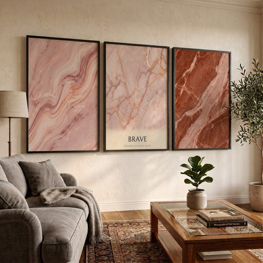 Poster triptych featuring swirling terracotta and rose marble textures with minimalist Brave typography
