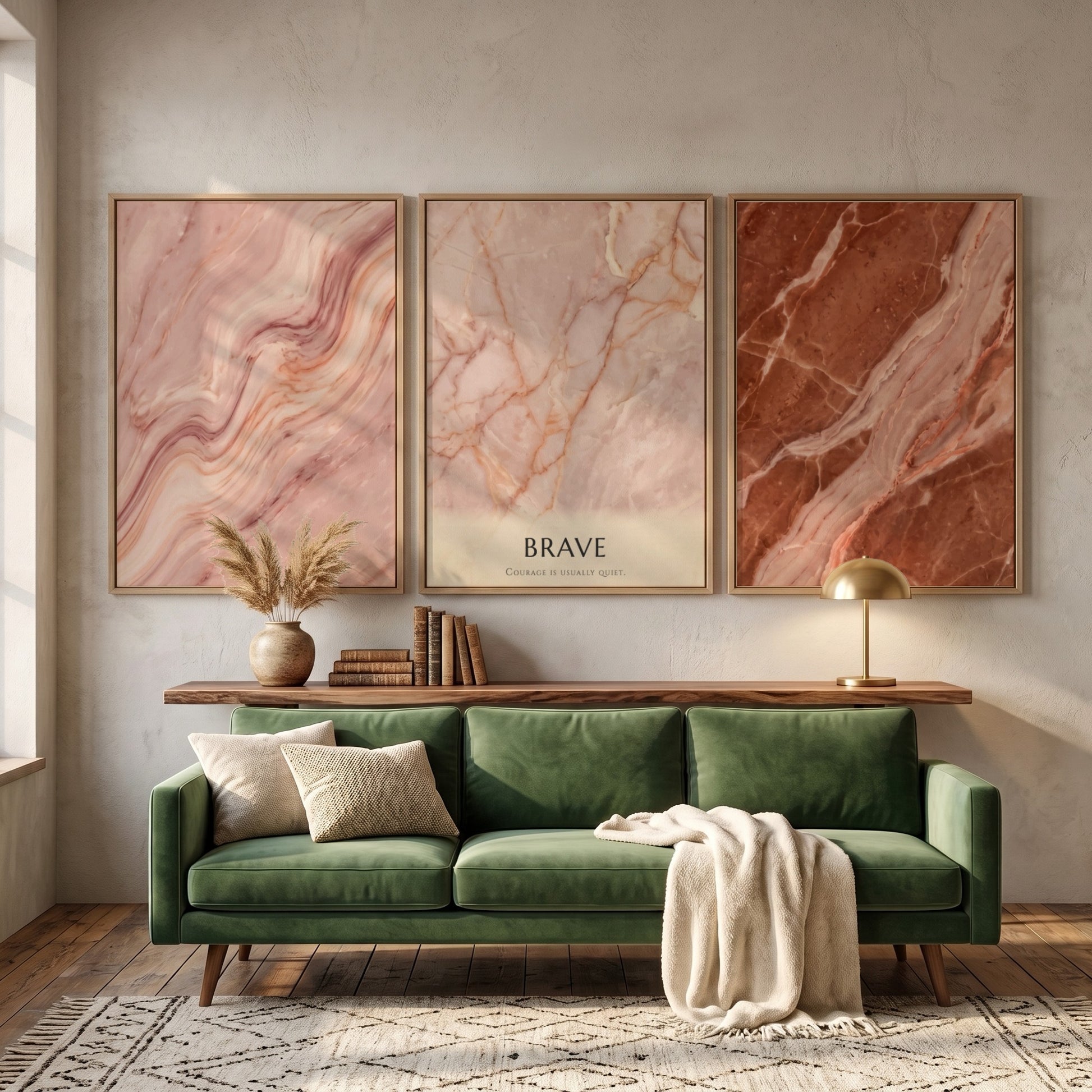Poster triptych featuring swirling terracotta and rose marble textures with minimalist Brave typography