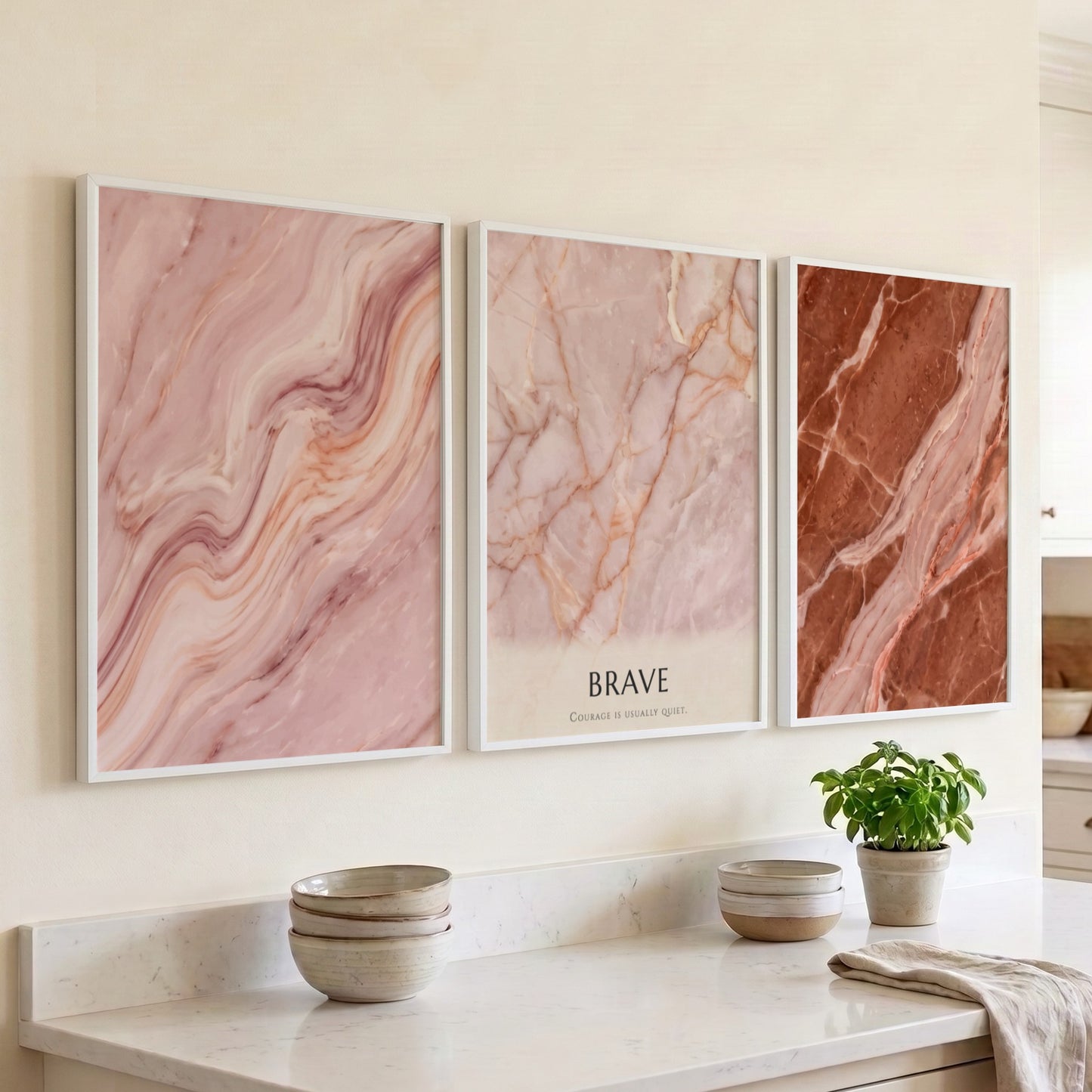 Poster triptych featuring swirling terracotta and rose marble textures with minimalist Brave typography