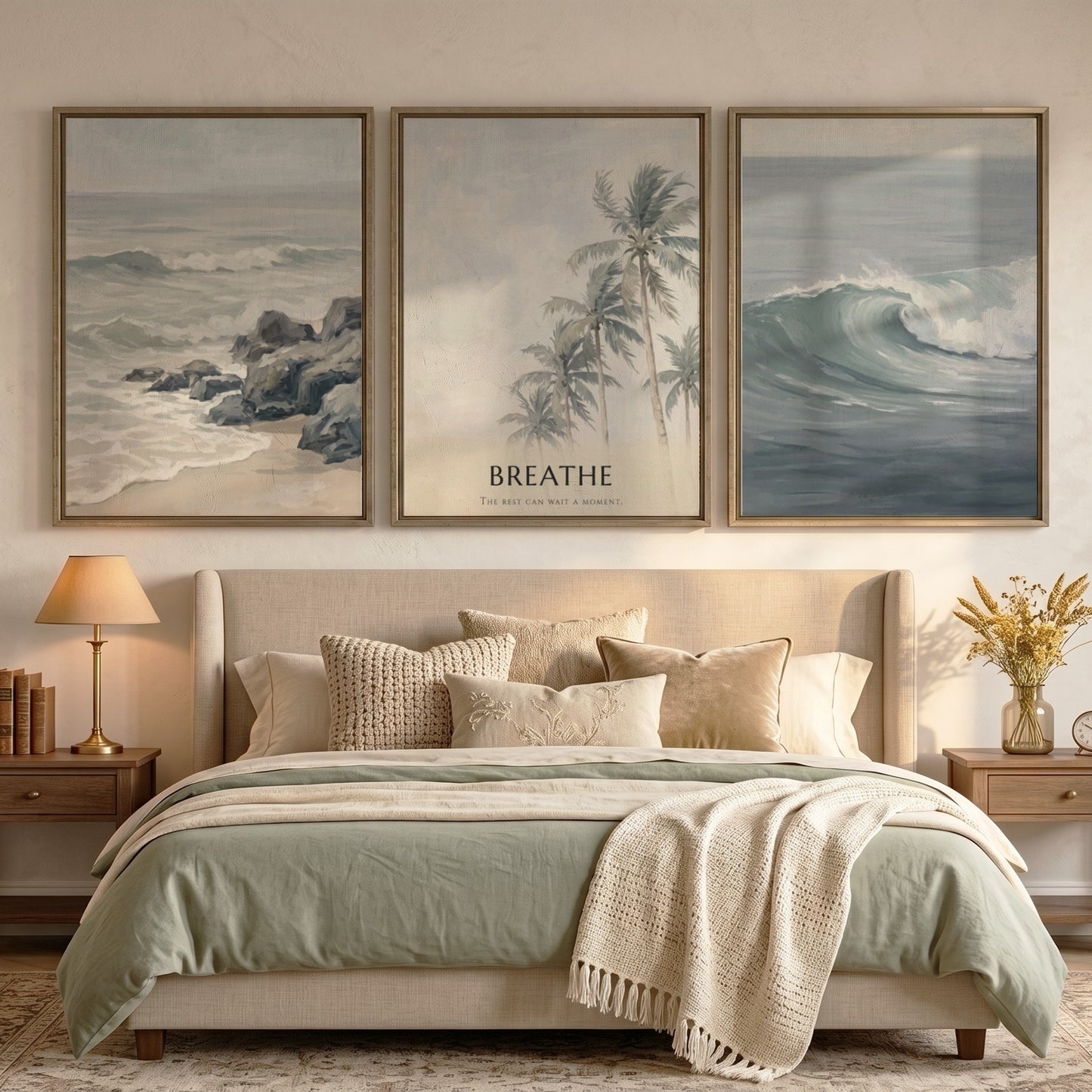 Poster triptych of ocean waves and palm trees with Breathe text on wall