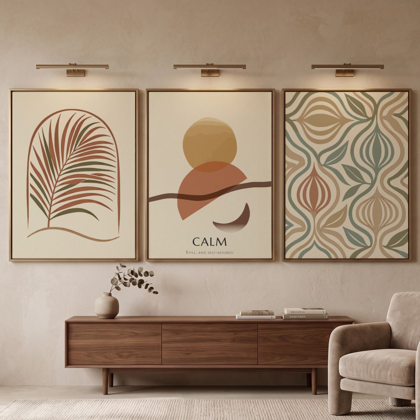 Poster triptych featuring calm boho abstract shapes and palm leaves in earthy tones.