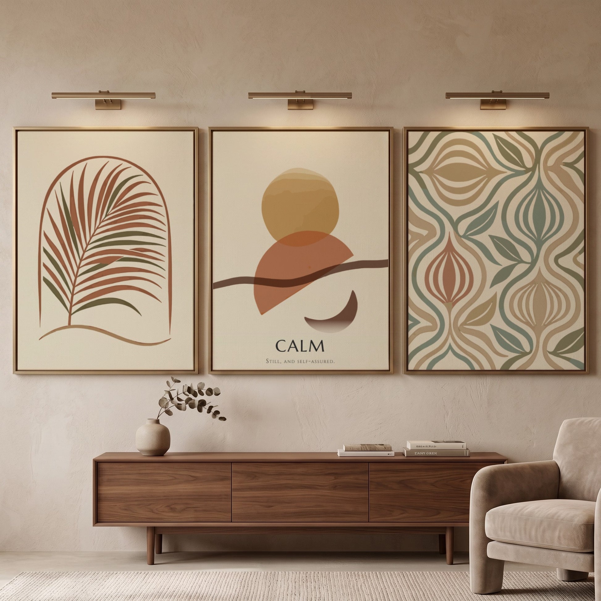 Poster triptych featuring calm boho abstract shapes and palm leaves in earthy tones.