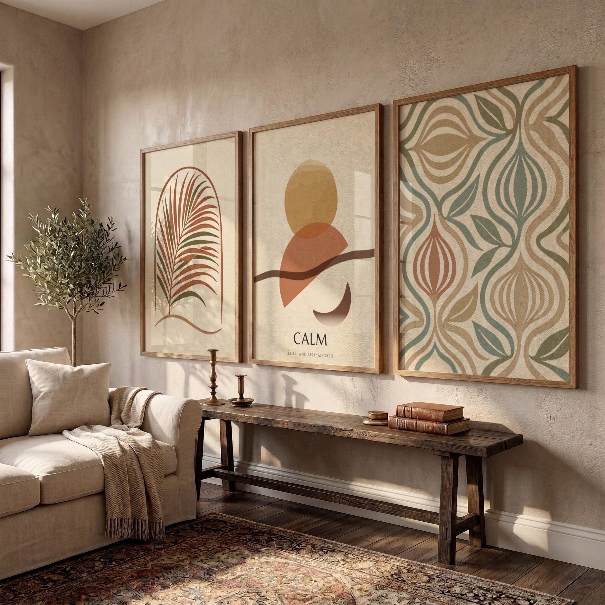 Poster triptych featuring calm boho abstract shapes and palm leaves in earthy tones.