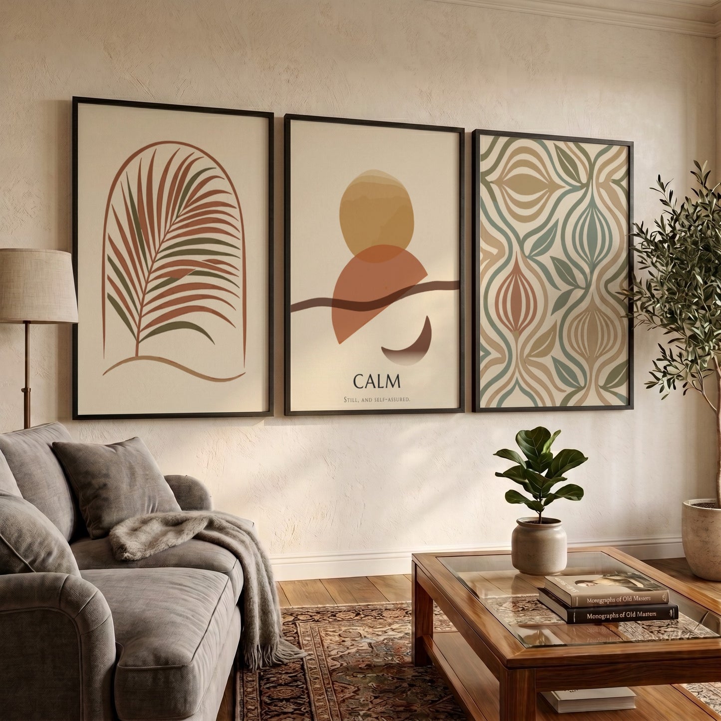 Poster triptych featuring calm boho abstract shapes and palm leaves in earthy tones.