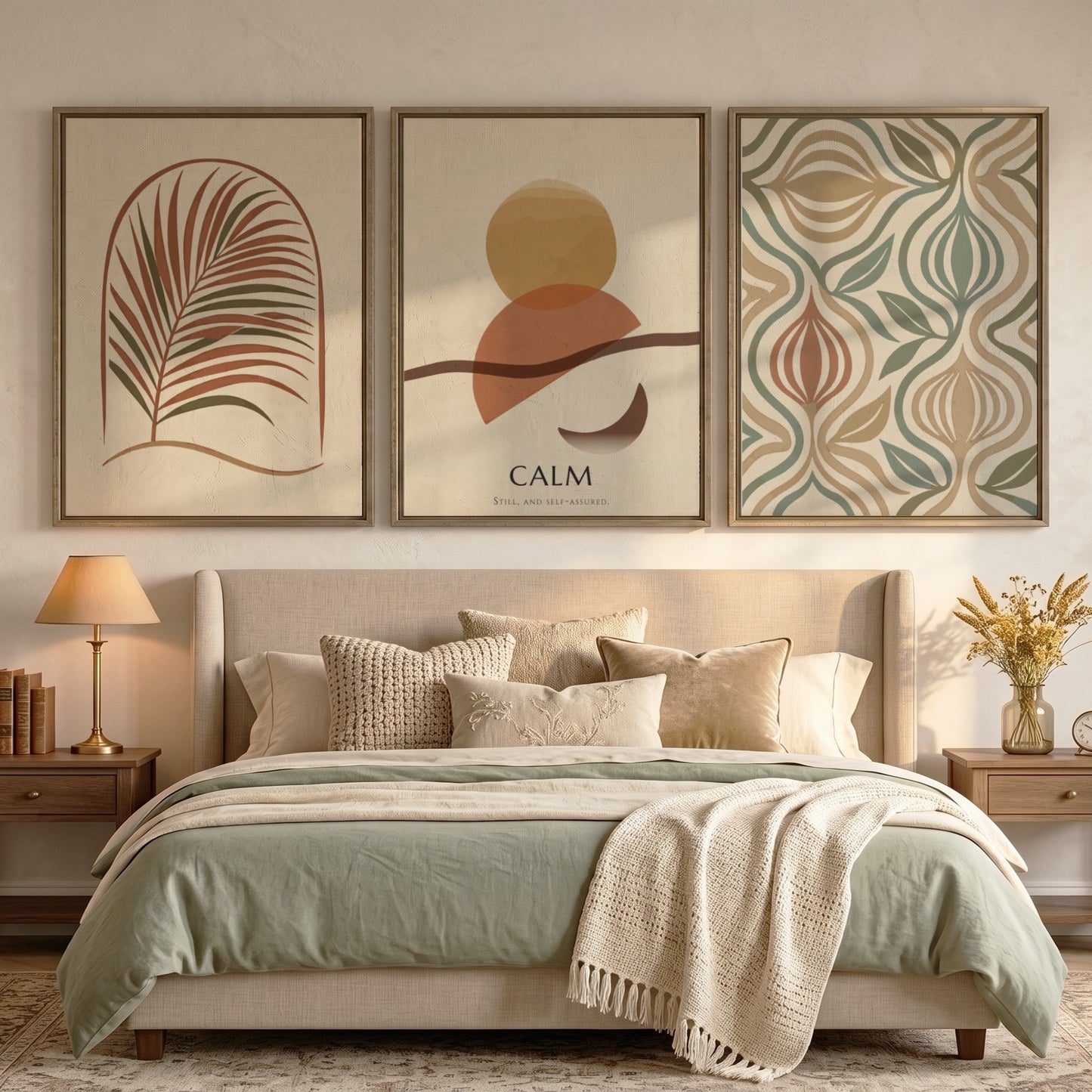 Poster triptych featuring calm boho abstract shapes and palm leaves in earthy tones.