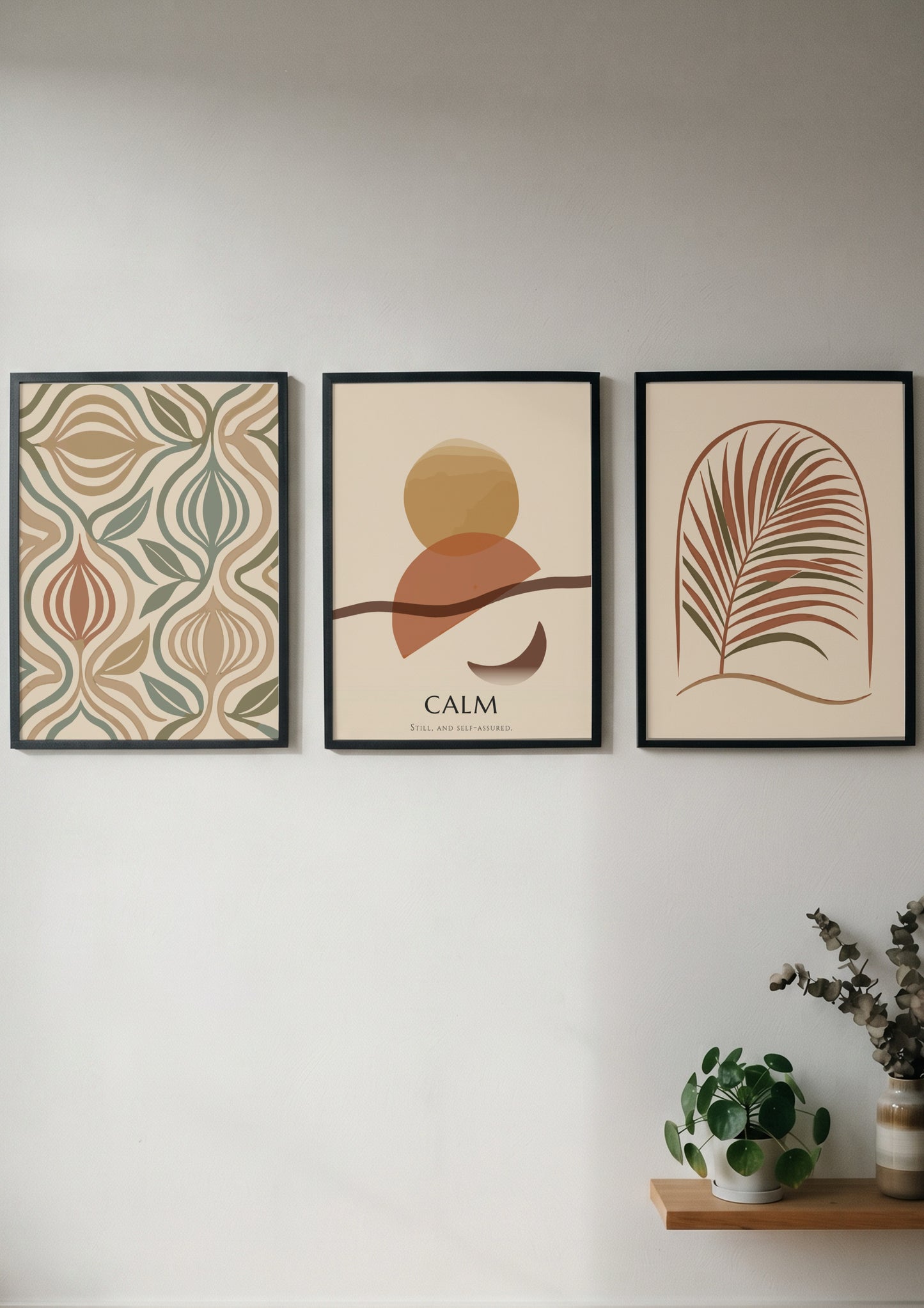 Poster triptych featuring calm boho abstract shapes and palm leaves in earthy tones.