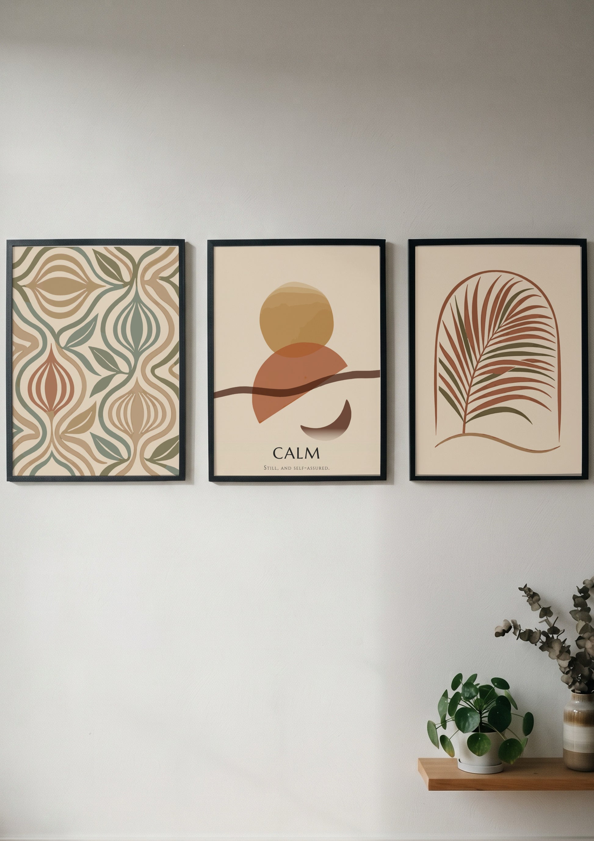 Poster triptych featuring calm boho abstract shapes and palm leaves in earthy tones.