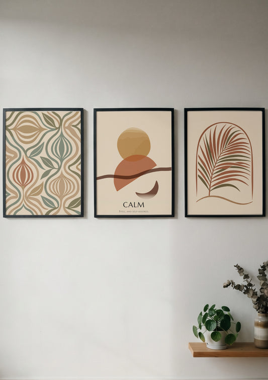 Poster triptych featuring calm boho abstract shapes and palm leaves in earthy tones.