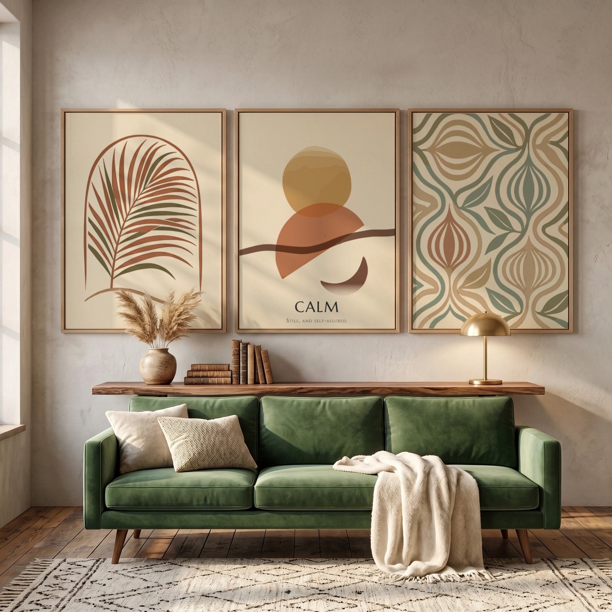 Poster triptych featuring calm boho abstract shapes and palm leaves in earthy tones.